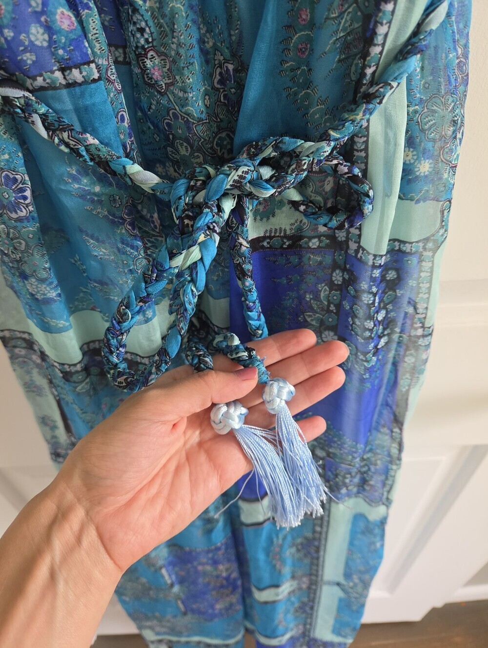 Blue Silk beaded maxi dress gown with waist tie patchwork boho stretch waist 4 - Picture 3 of 16